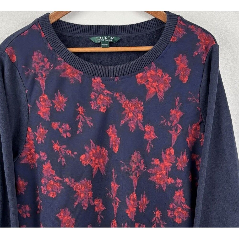 Lauren Ralph Lauren Women Large Pullover Sweater Red Navy Floral Cotton Blend